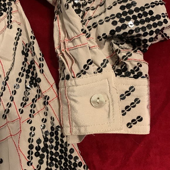 Vintage Cream Button Up Blouse with Red Grid + Black Sequin Pattern Size XL - Picture 4 of 8